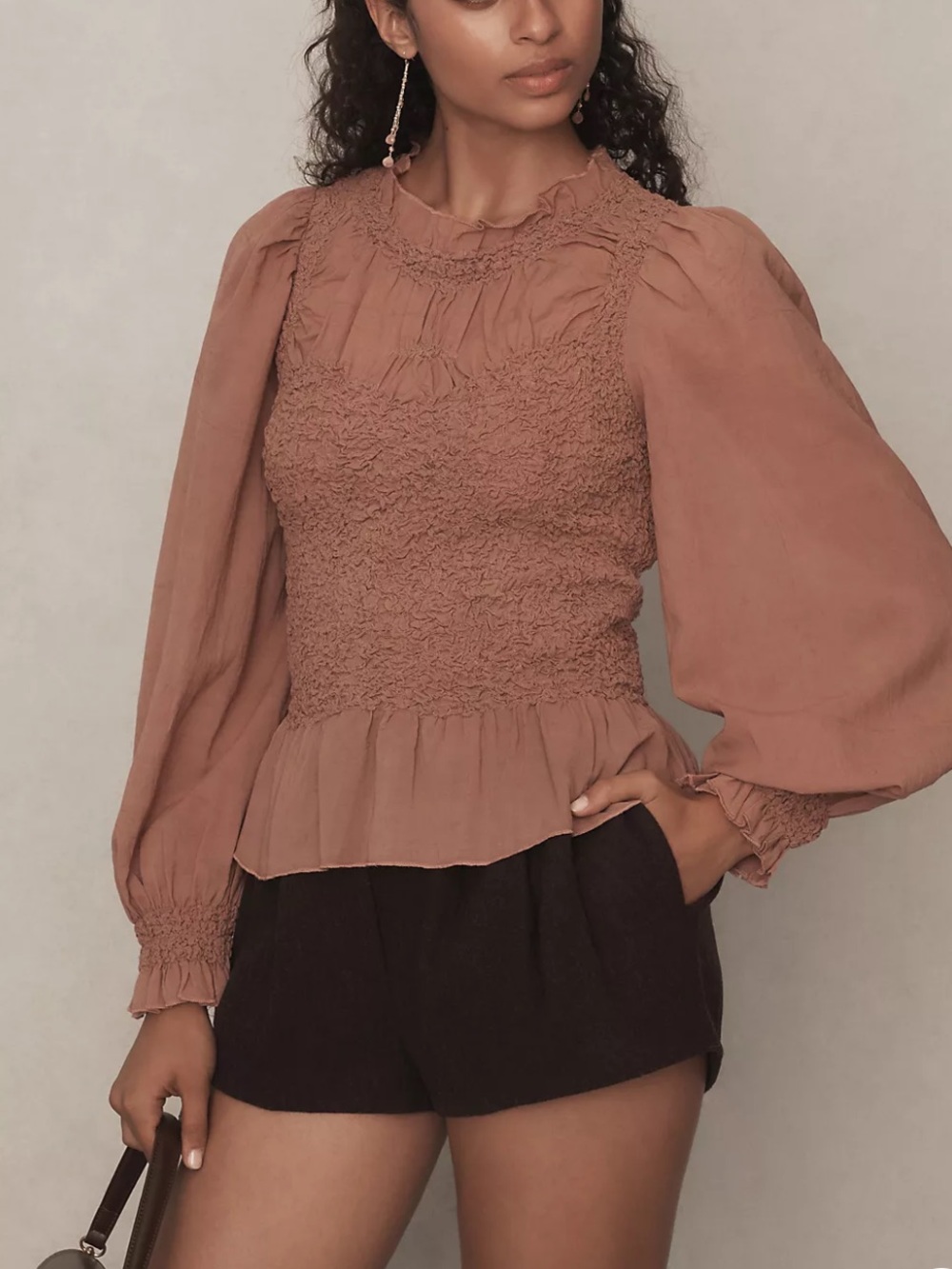 NWT Anthropologie Balloon-Sleeve High Neck Smocked Peplum Blouse - Mauve/Brown